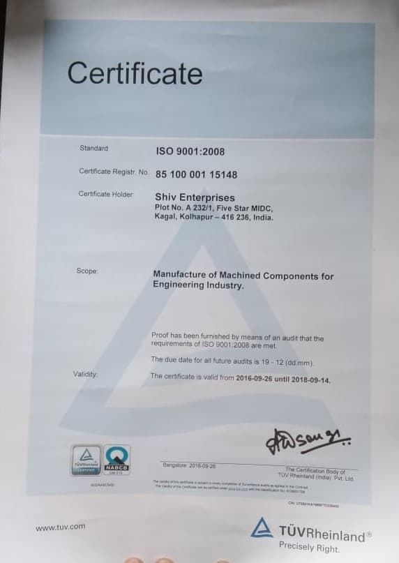 Shiv Enterprises ISO 9001:2015 Certificate